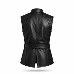 Back studio view of mens black leather renaissance jerkin showing clean back yoke, waist belt, and deep rear riding vent