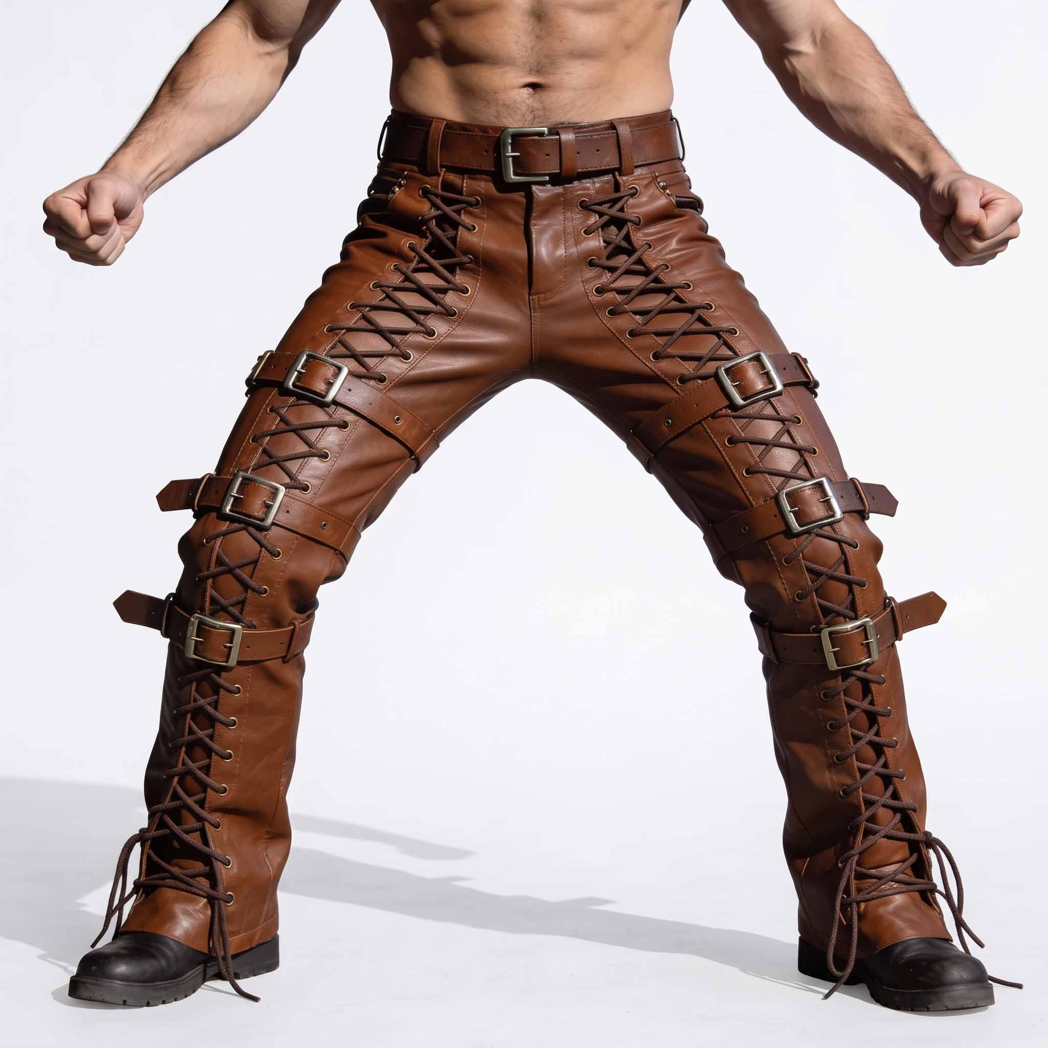 Full front action pose of muscular man wearing handmade brown cowhide leather pants with front leg cord lacing and horizontal buckle straps