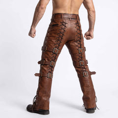 Back studio view of man wearing brown genuine leather pants displaying continuous rear leg corset lacing and horizontal buckle straps