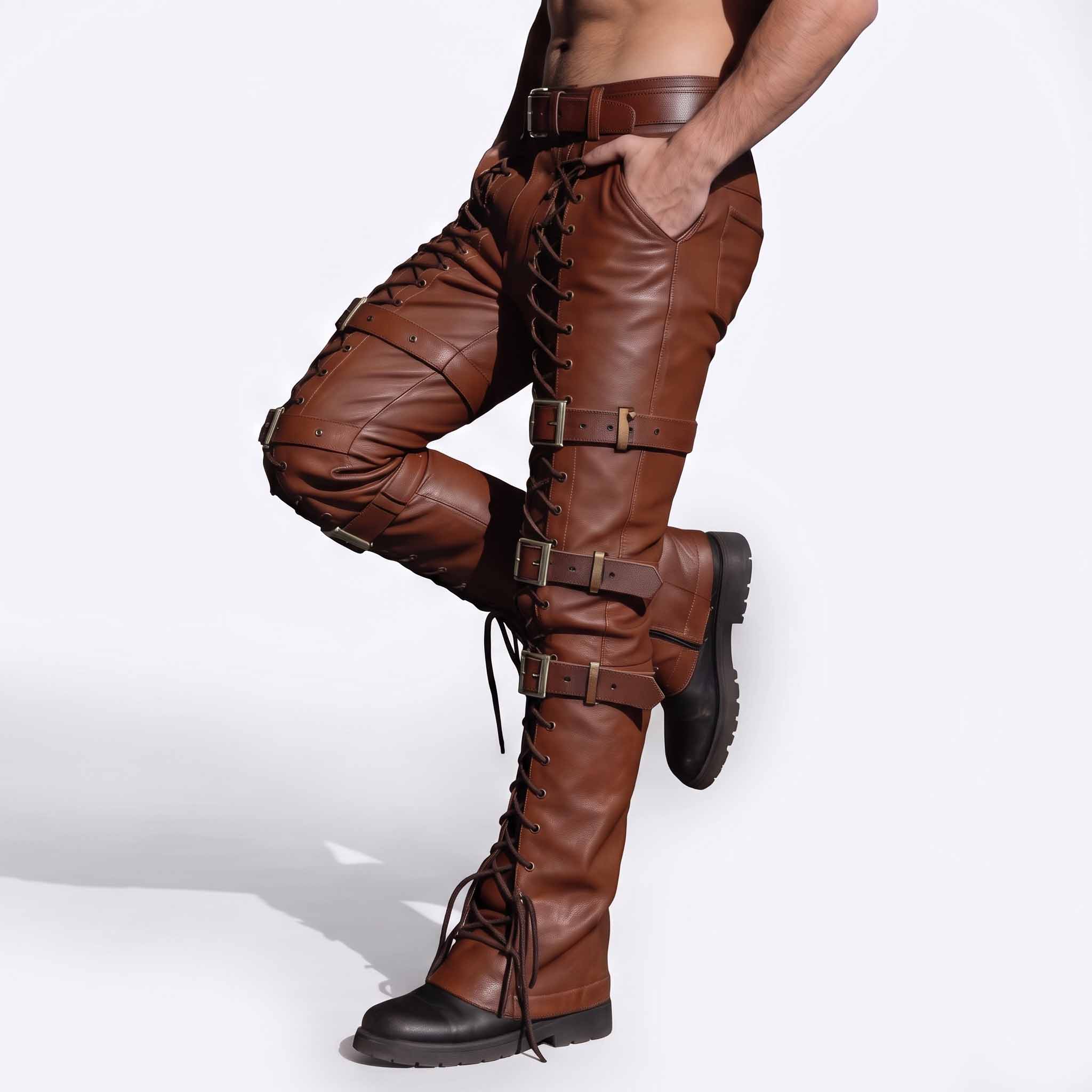 Dynamic walking side stance of man wearing brown leather festival pants with hand in pocket and stacked boot cuffs