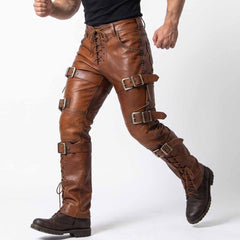 Dynamic forward stride shot of man wearing tailored brown leather steampunk pants with side eyelet cord lacing and combat boots