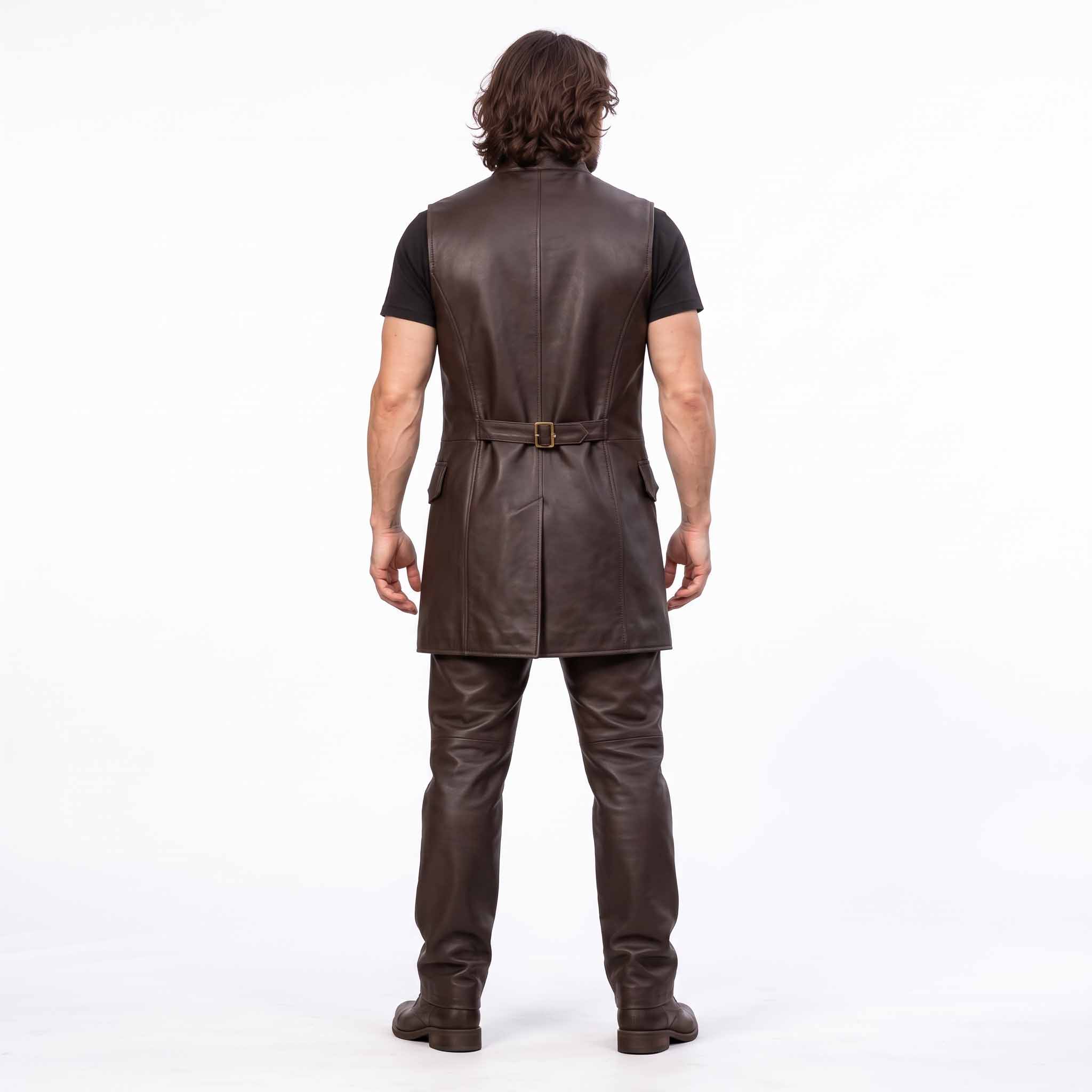Full length back view of man wearing brown genuine leather long vest showing back cinch belt and center split walking vent