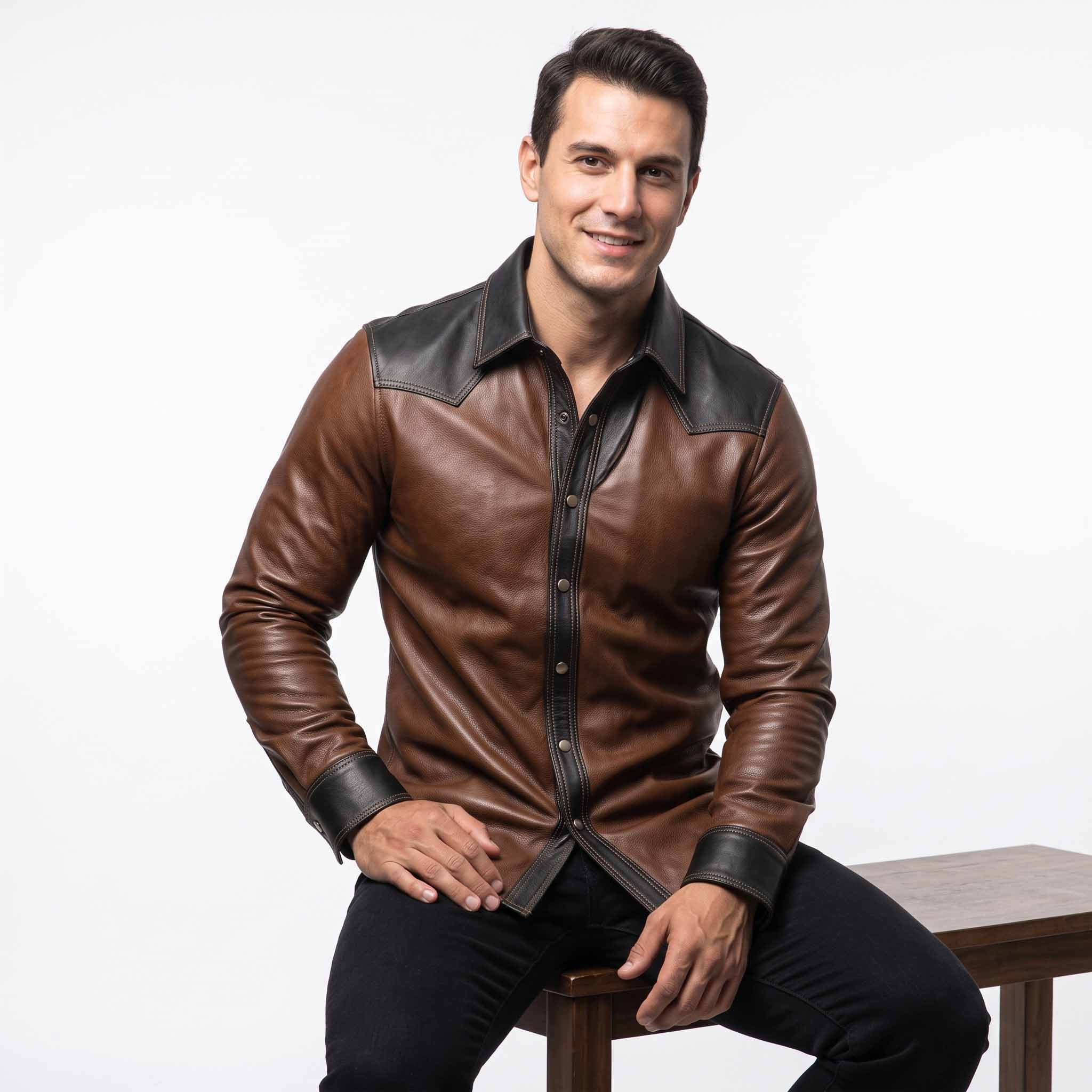 Handsome man seated on wooden bench wearing tailored brown and black leather cowboy shirt displaying curved bottom hem and wrist cuffs