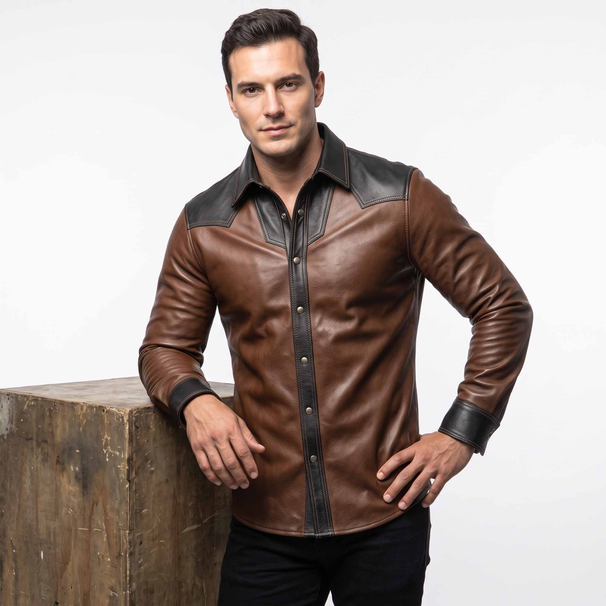 Front studio portrait of smiling man leaning on wooden crate wearing handmade brown leather cowboy shirt unbuttoned at the collar