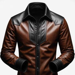 Macro product shot of brown and black leather western shirt on white background highlighting front placket stitching and fold down collar