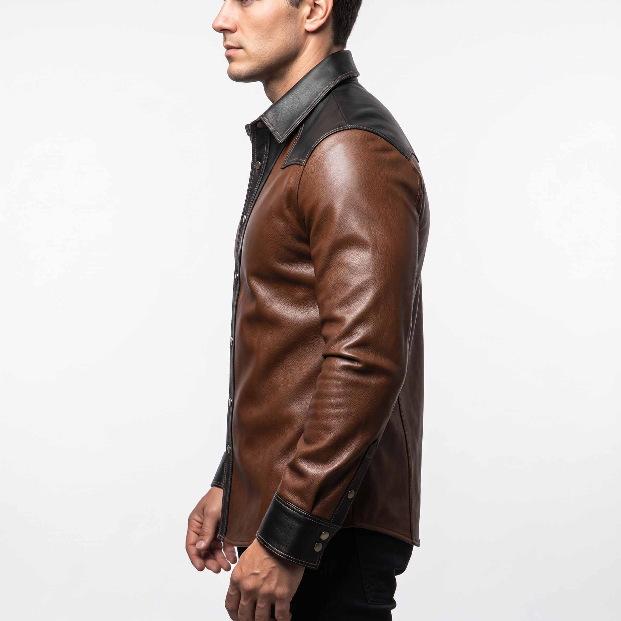 Side profile 90 degree view of tailored brown leather biker overshirt showing fitted long sleeves and black leather snap cuffs
