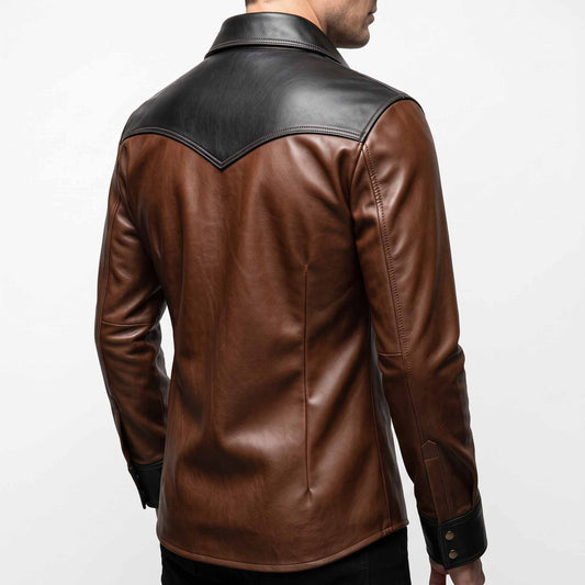 Back view of man modeling brown cowhide leather western shirt displaying deep V shaped black shoulder yoke and tailored back seams