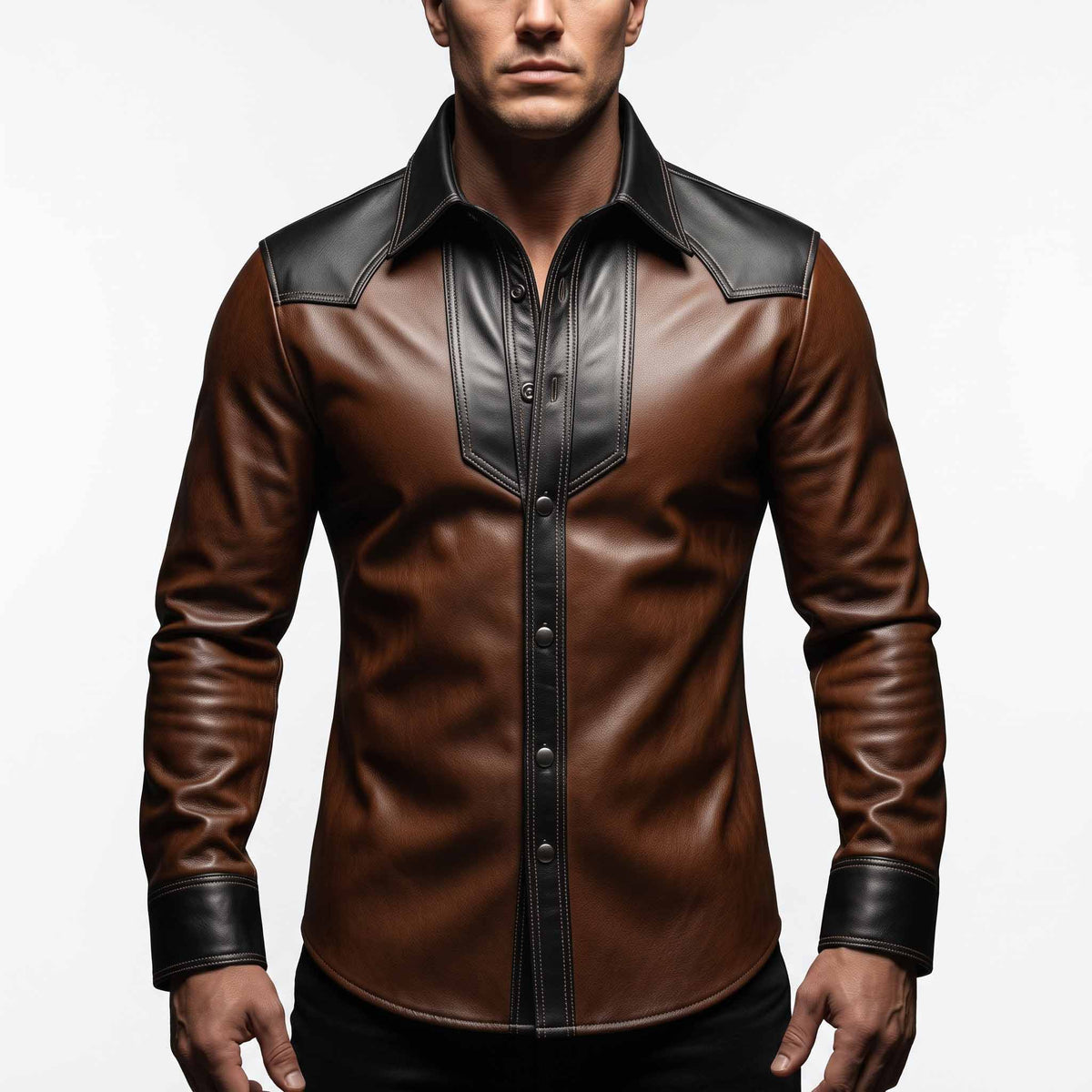 Front torso shot of man wearing handmade two tone brown and black leather cowboy shirt with contrast point collar and snap buttons