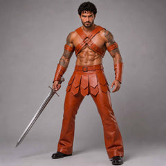 Handmade Orange Cowhide Leather Gladiator Costume | Men's Fantasy Warrior Armor Set