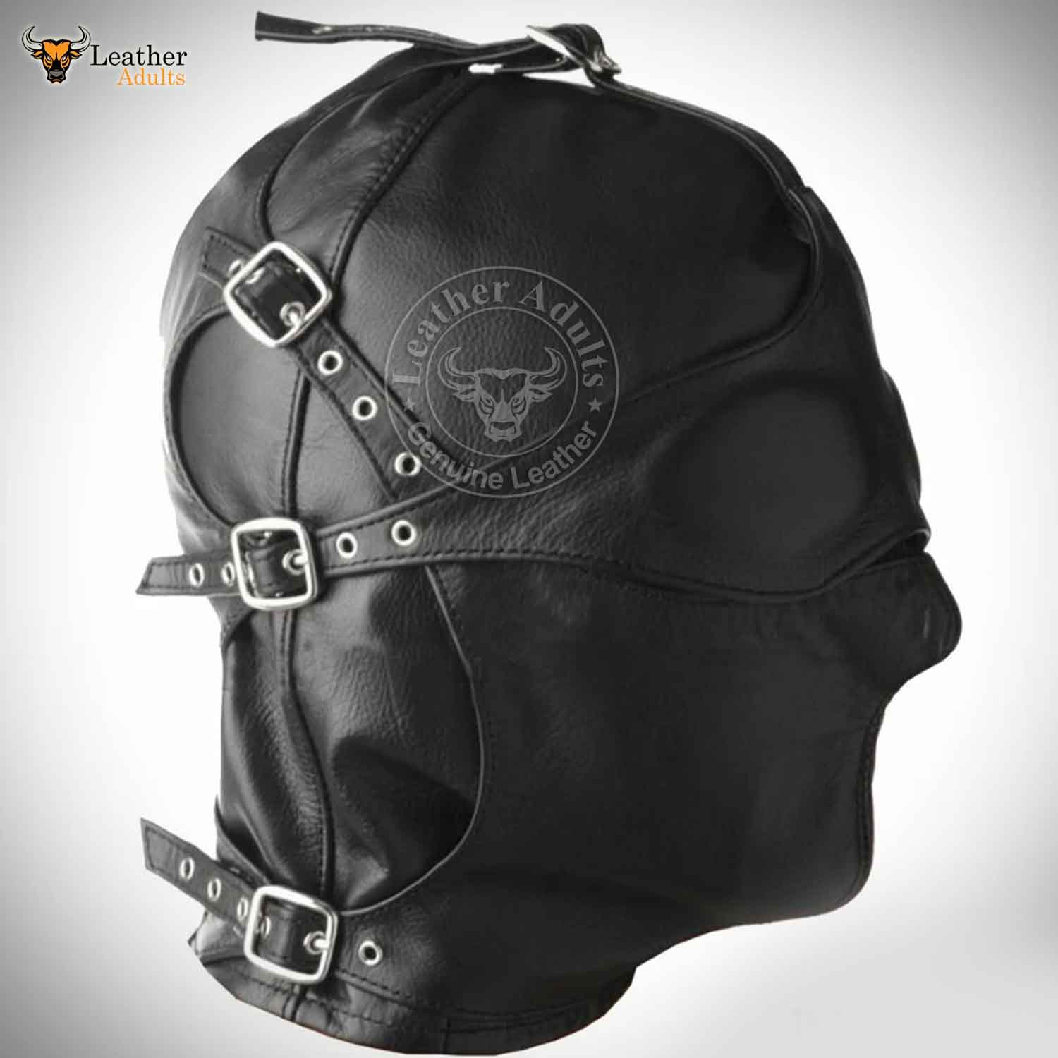 A black leather gimp hood mask with adjustable straps and buckles, featuring stainless steel hardware and a detachable mouth and eye piece.