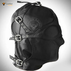 A black leather gimp hood mask with adjustable straps and buckles, featuring stainless steel hardware and a detachable mouth and eye piece.