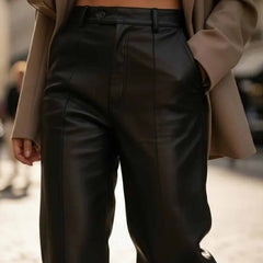 Women's Black High Waist Wide Leg Black Lambskin Leather Pants Tailored Trousers
