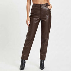 Womens Dark Brown High Waisted Lambskin Leather Pants, Straight Leg Trousers