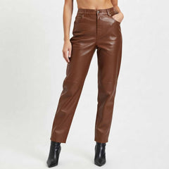 Womens Brown High Waisted Lambskin Leather Pants, Straight Leg Trousers
