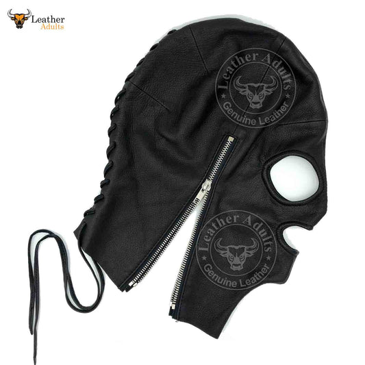 INCOGNITO Antifaz con capucha de cuero negro con cordones Máscara BDSM Unisex