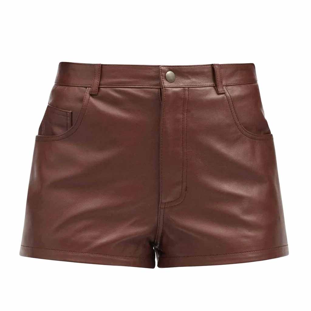 Pantalones Cortos de Mujer de Piel de Cordero Genuina Suave Marrón de Tiro Alto