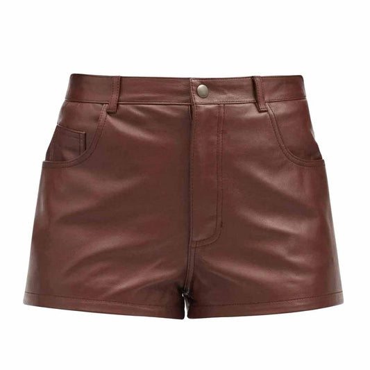 Pantalones Cortos de Mujer de Piel de Cordero Genuina Suave Marrón de Tiro Alto
