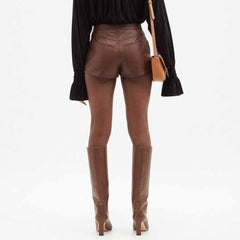 Pantalones Cortos de Mujer de Piel de Cordero Genuina Suave Marrón de Tiro Alto