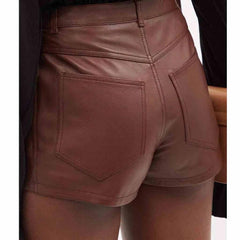 Pantalones Cortos de Mujer de Piel de Cordero Genuina Suave Marrón de Tiro Alto