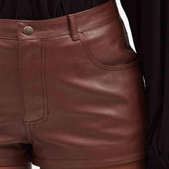 Pantalones Cortos de Mujer de Piel de Cordero Genuina Suave Marrón de Tiro Alto