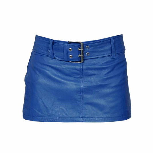 Minifalda Azul de Cuero Genuino de Cordero, Súper Suave y Sexy para Mujer - Ropa de Club