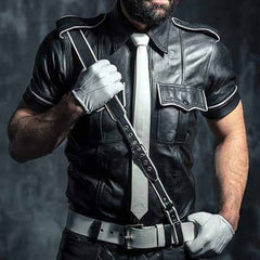 Camisa de cuero de napa de cordero auténtica para hombre, ribete blanco, estilo policía, camisa de cuero Bluf Lederhemd Lederharren Bikers