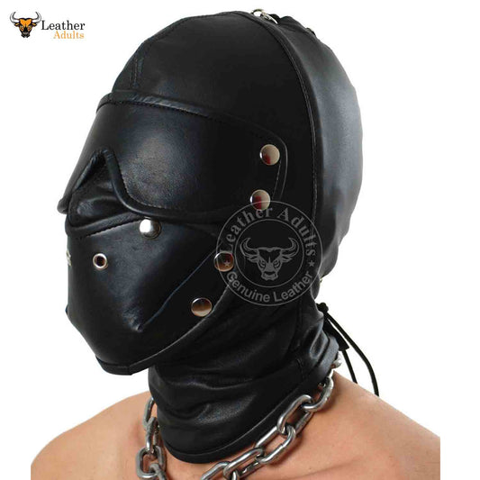 Capucha sensorial desmontable con ojos y boca, cierre de cordones, capucha bondage BDSM, máscara de capucha de cuero suave negro unisex