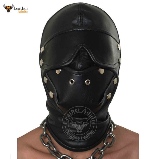 Capucha sensorial desmontable con ojos y boca, cierre de cordones, capucha bondage BDSM, máscara de capucha de cuero suave negro unisex