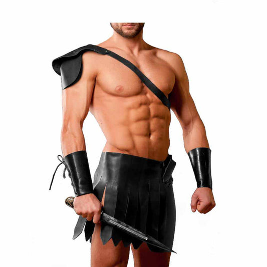 Conjunto de falda escocesa de gladiador romano de cuero negro con guanteletes, LARP, la mayoría de las tallas