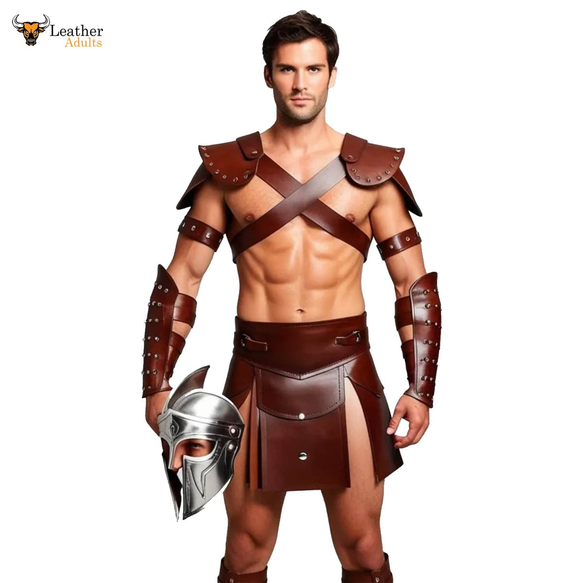 Mens Brown Leather Gladiator Costume Historical Reenactment Armor Kilt Set Roman Warrior LARP