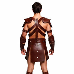 Disfraz de gladiador de cuero marrón para hombre, conjunto de armadura para recreación histórica, kilt, guerrero romano, LARP