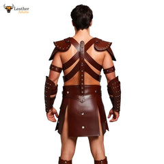 Mens Brown Leather Gladiator Costume Historical Reenactment Armor Kilt Set Roman Warrior LARP