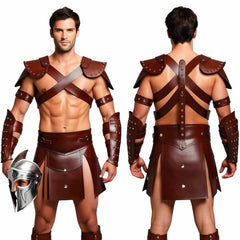Disfraz de gladiador de cuero marrón para hombre, conjunto de armadura para recreación histórica, kilt, guerrero romano, LARP