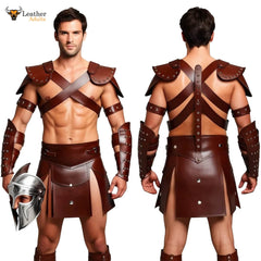 Mens Brown Leather Gladiator Costume Historical Reenactment Armor Kilt Set Roman Warrior LARP