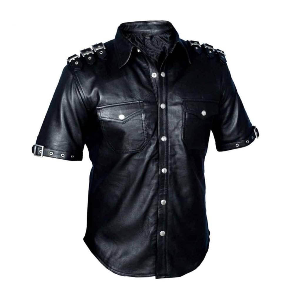 Camisa gay de uniforme de policía de cuero para hombre, de piel de cordero auténtica, negra, BLUF