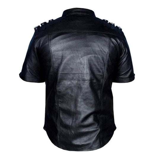 Camisa gay de uniforme de policía de cuero para hombre, de piel de cordero auténtica, negra, BLUF