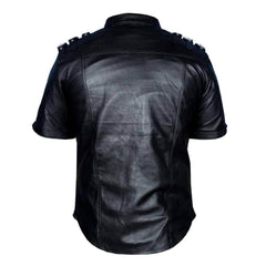 Camisa gay de uniforme de policía de cuero para hombre, de piel de cordero auténtica, negra, BLUF