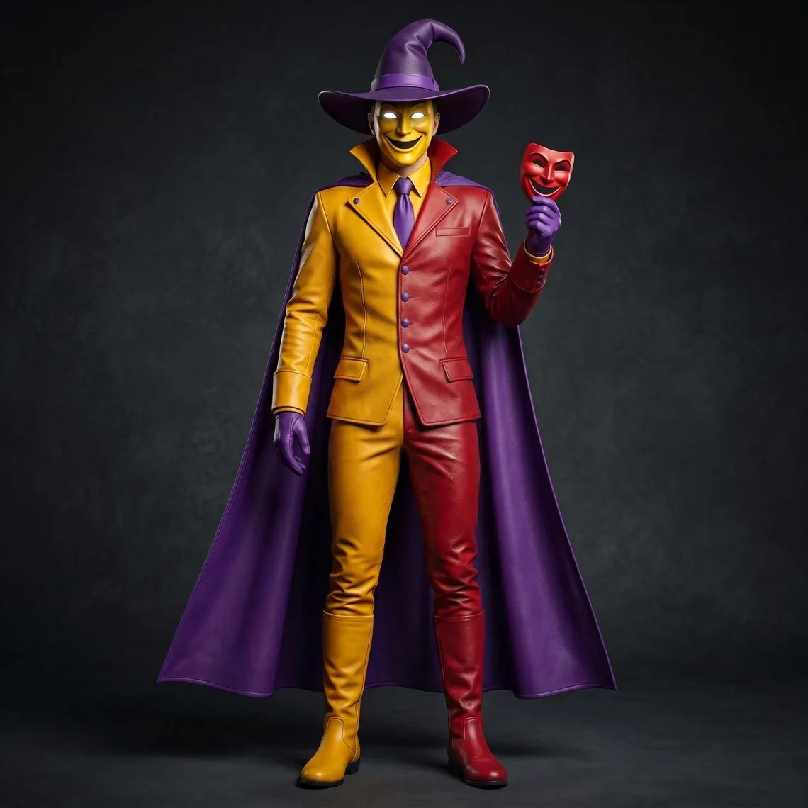 Front full-body studio view of a men's handmade genuine leather fantasy ringmaster costume set featuring a split red and yellow blazer, matching pants, boots, purple cloak, and pointed hat.