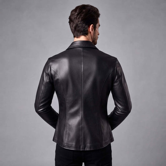 Rear view showing the tailored back panel seams and structured fit of a men's black handcrafted real leather shirt.