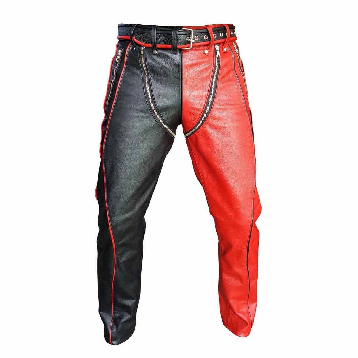 Pantalones de bondage de cuero negro y rojo para hombre, estilo vaquero, alta resistencia, BLUF