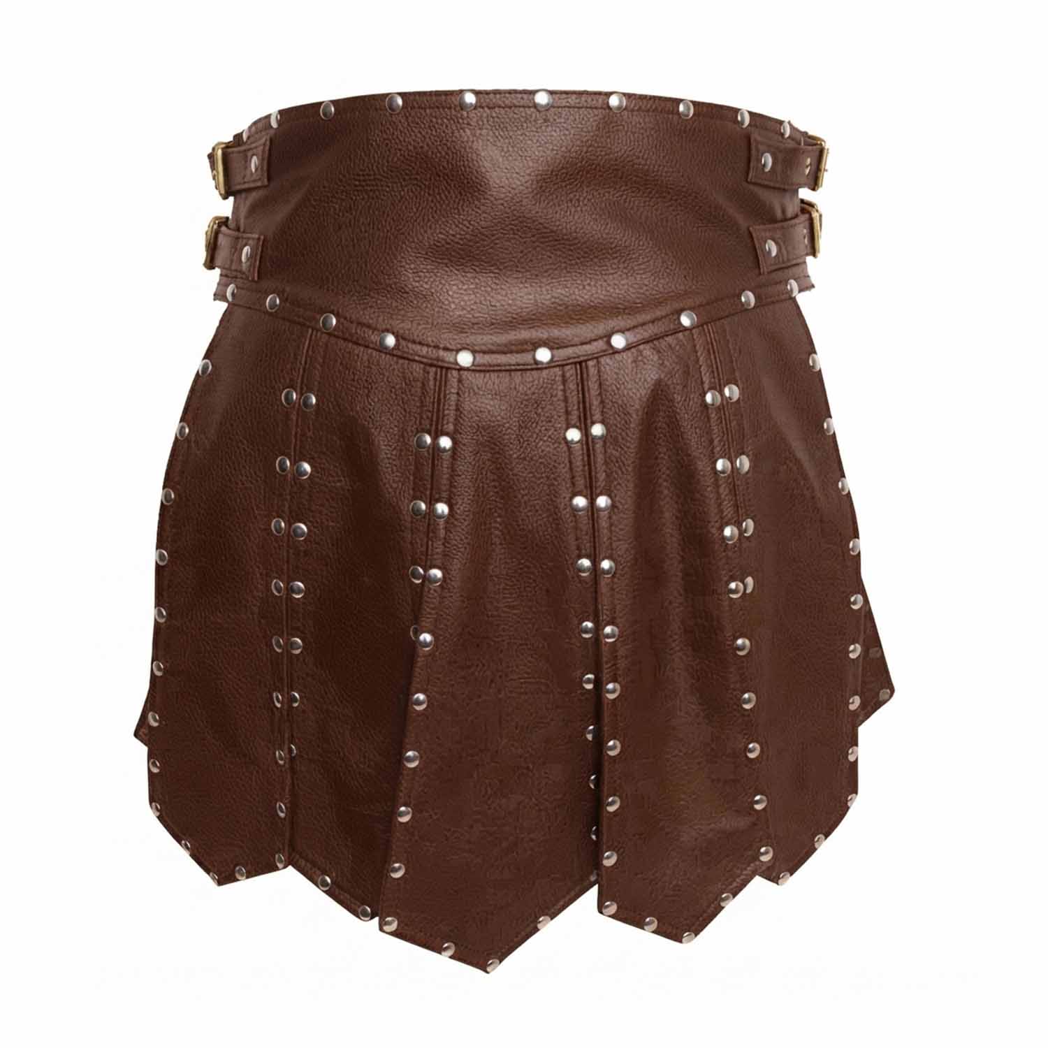 A brown real leather kilt with silver metal studs and a matching brown belt with gold-tone buckles, shown against a plain white background.