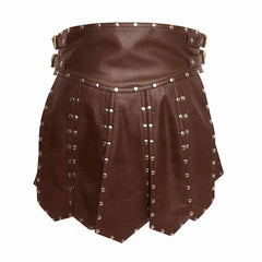 A brown real leather kilt with silver metal studs and a matching brown belt with gold-tone buckles, shown against a plain white background.