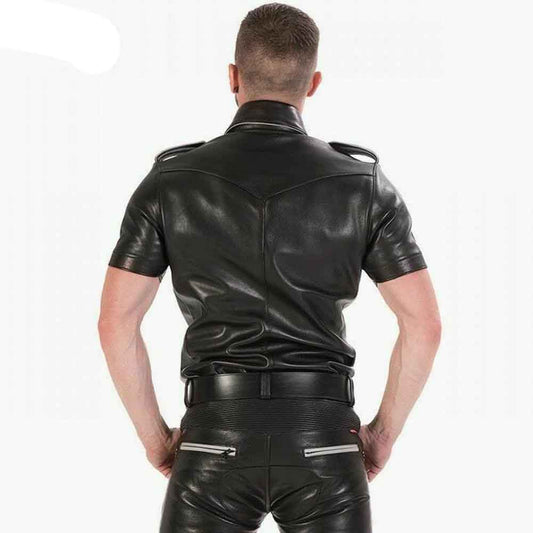 CAMISA DE CUERO GENUINO DE VACA PARA HOMBRE Negra Estilo Policía Militar BLUF TODAS LAS TALLAS Camisa
