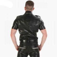 CAMISA DE CUERO GENUINO DE VACA PARA HOMBRE Negra Estilo Policía Militar BLUF TODAS LAS TALLAS Camisa