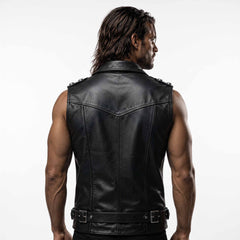 Back view of man wearing black genuine cowhide leather vest displaying pointed western shoulder yoke, vertical panel seams, and rear buckled waistband