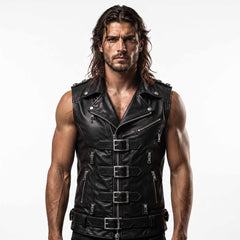 Close up front view of handsome man wearing black leather punk rock vest highlighting metal roller buckles, central zipper, and folded lapels