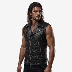 Front three quarter perspective of man modeling black leather gothic waistcoat showing side zipper pockets, chest buckle straps, and studded shoulder tabs