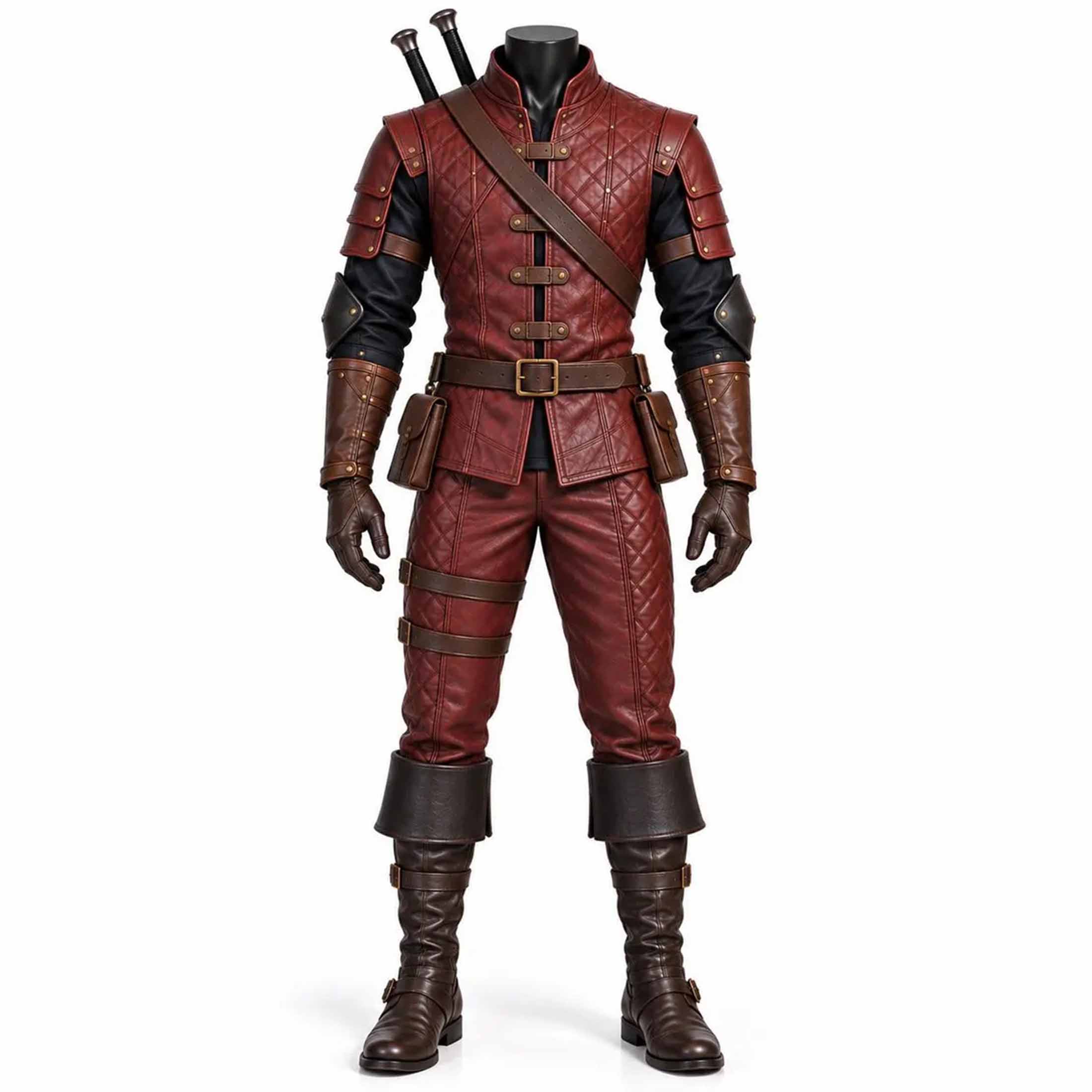 Handmade burgundy leather medieval rogue costume full front view with quilted tunic shoulder armor belt and pouches