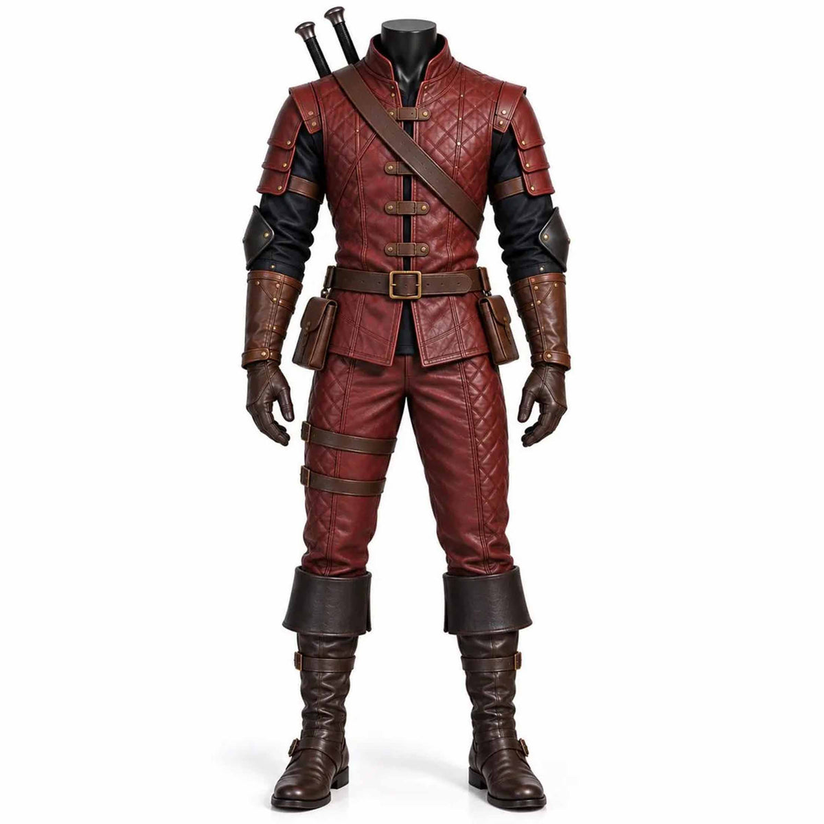 Handmade burgundy leather medieval rogue costume full front view with quilted tunic shoulder armor belt and pouches