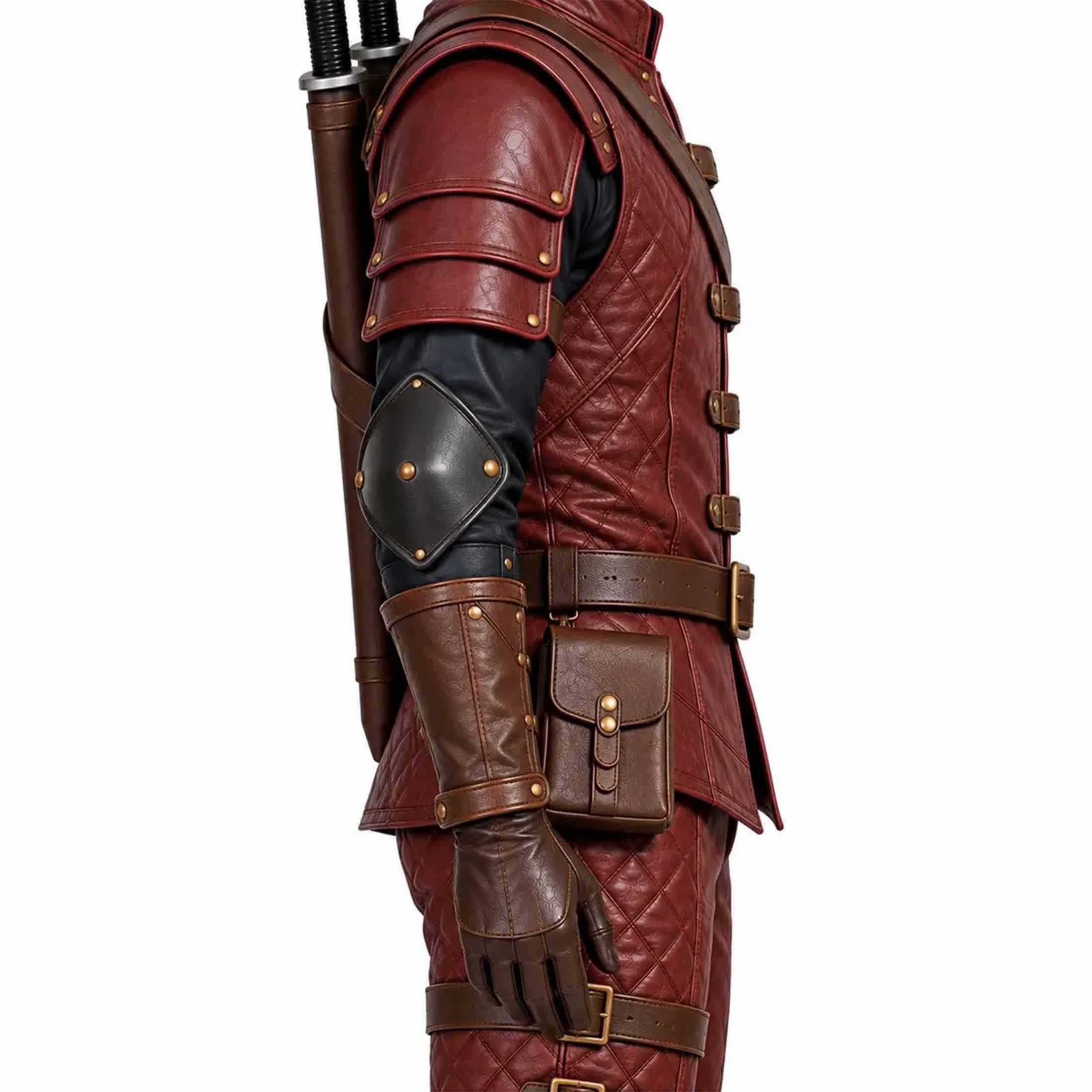 Detailed side shot of medieval leather vambraces gloves elbow cops and riveted pauldrons on dark contrast sleeve